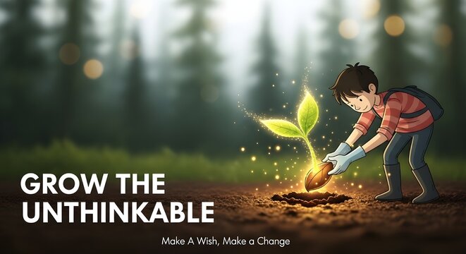 &ldquo;Grow the Unthinkable&rdquo; Whimsical Flat Illustration &ndash; Character Planting Glowing Golden Seed Sprout in Dreamy Garden with Bokeh Forest Background