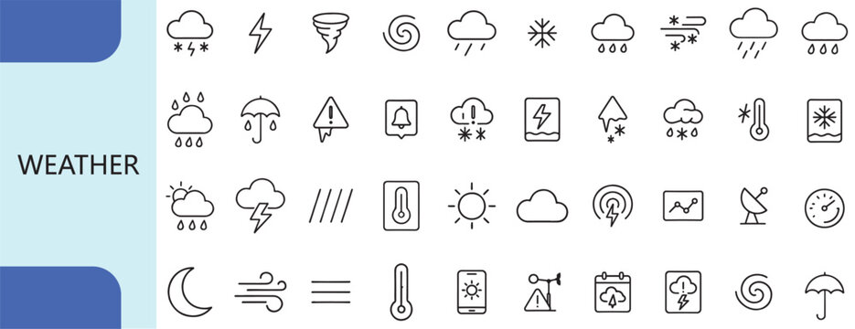 Weather forecast and climate conditions line icon set vector design