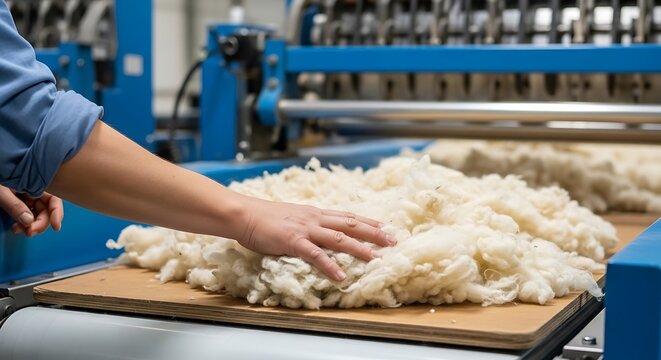 Worker handling cotton fibers on industrial machine