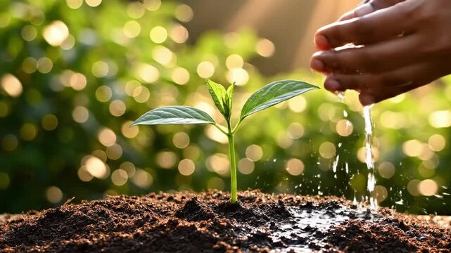 Hands gently watering a small green seedling growing in dark soil