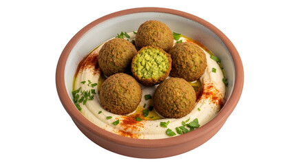 Golden Fried Falafel Balls Served on Creamy Hummus in a Rustic Bowl, isolated on white or transparent background. PNG