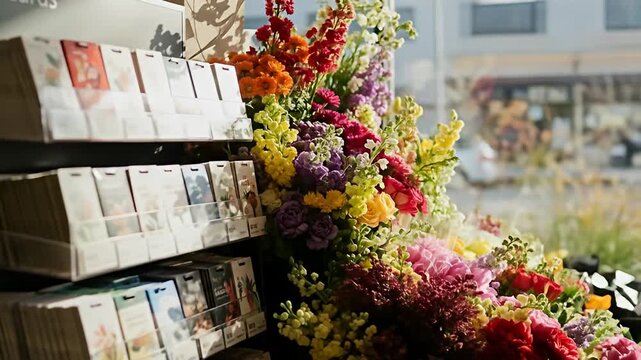 Gift cards near a bouquet.
Description A variety of colorful flowers near gift cards for sale in a shop's window
