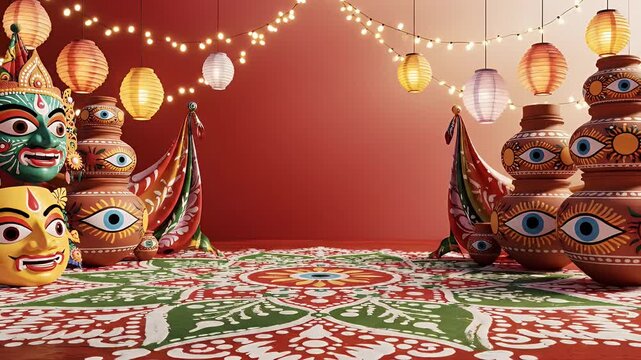 Vibrant Pohela Boishakh Festival Background: Red to Cream Gradient, Traditional Cultural Motifs and Soft Lighting
