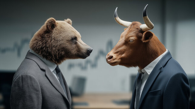 Bear vs. Bull: A tense standoff between a bear and a bull symbolizing market forces, facing each other in a business setting, representing the economic climate.