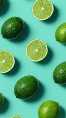 Fresh Limes and Lime Halves on Vibrant Blue Background