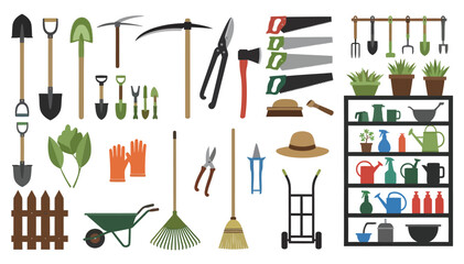 A diverse collection of gardening tools and equipment displayed together