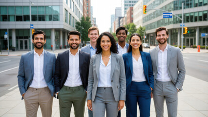 Fototapeta premium Diverse group of seven business people standing on urban street.