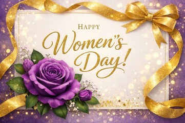 Happy Women's Day card with golden ribbon and purple rose