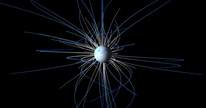 The abstract planet rotates in space, and the lines of its magnetic field are dynamically shifting the mesmerizing dance of energies creates a sense of cosmic force and movement.