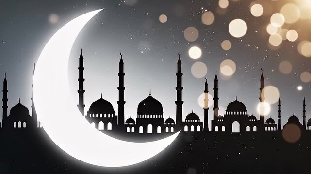 Islamic silhouette illustration with crescent moon and mosque skyline during dusk