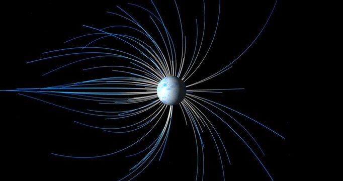 The abstract planet rotates in space, and the lines of its magnetic field are dynamically shifting the mesmerizing dance of energies creates a sense of cosmic force and movement.