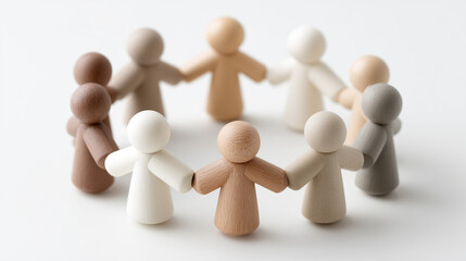 Obraz premium Unity in Diversity: A circle of figures, each a unique shade, stands hand-in-hand, symbolizing harmony and connection among all. 