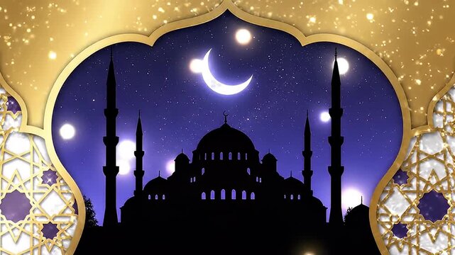 Islamic mosque silhouette against starry night backdrop, Ramadan Kareem celebration