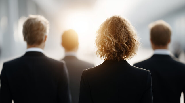Business professionals walking together: An elevated perspective captures business professionals in suits walking, with sunlight illuminating their path.