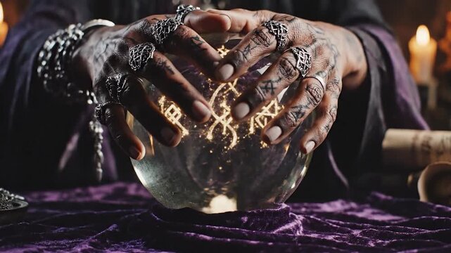 Mysterious hands hold a glowing crystal ball with swirling smoke
