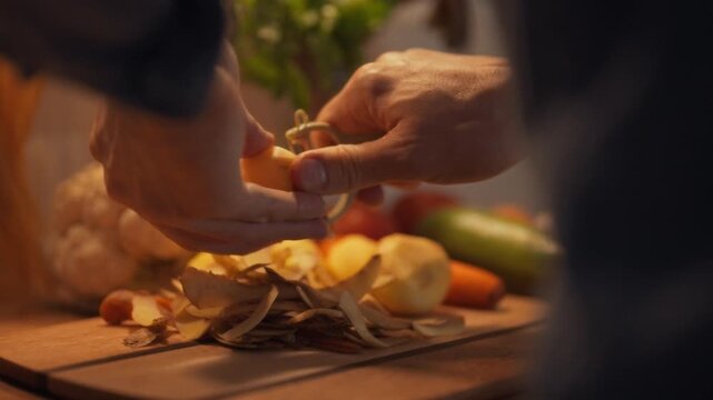 A man's hands skillfully use a sharp vegetable peeler as a tool to remove thin shavings of peel from fresh potatoes, amidst eggplant and cauliflower, utilizing the blade with precision