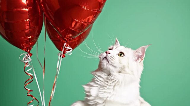 White maine coon cat looking up at red balloons