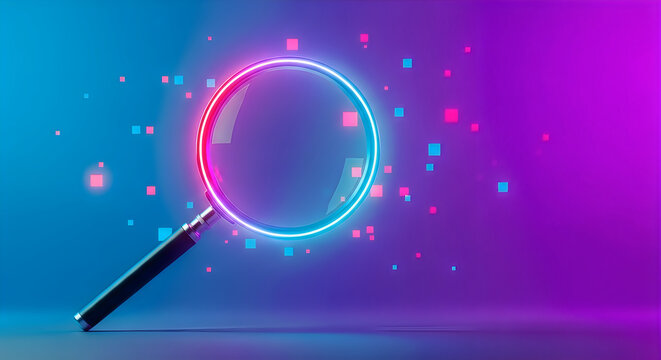 Magnifying glass searching glowing neon circle with digital particles