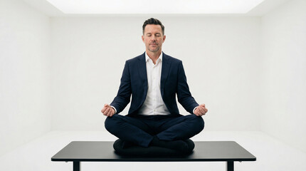 Businessman meditating in lotus position on desk in minimalist white office