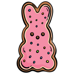 Vegan Easter bunny cookie with pink icing and colorful sprinkles, hand drawn doodle icon of plant based ginger biscuit for holiday celebration, isolated vector.