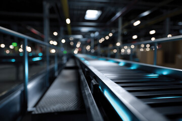 Obraz premium An abstract focus on a conveyor belt within a manufacturing environment, emphasizing the streamlined processes and advanced technology present in modern factories.