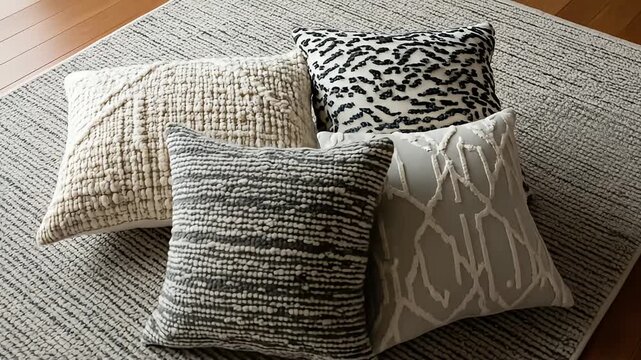 Textural pillows with various patterns arranged on a textured rug in natural light