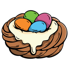 Vegan Easter nest cake with colorful candy eggs and white cream, hand drawn doodle icon of plant based spring pastry for holiday celebration, isolated vector.