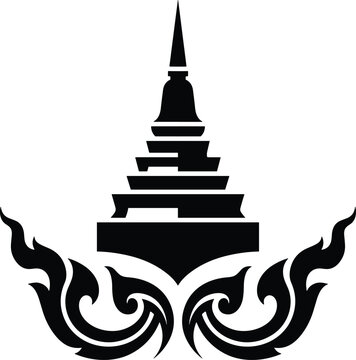 Black Silhouette Vector Illustration of a Traditional Thai Buddhist Temple Stupa or Pagoda with Decorative Ornate Kanok Patterns on a White Background