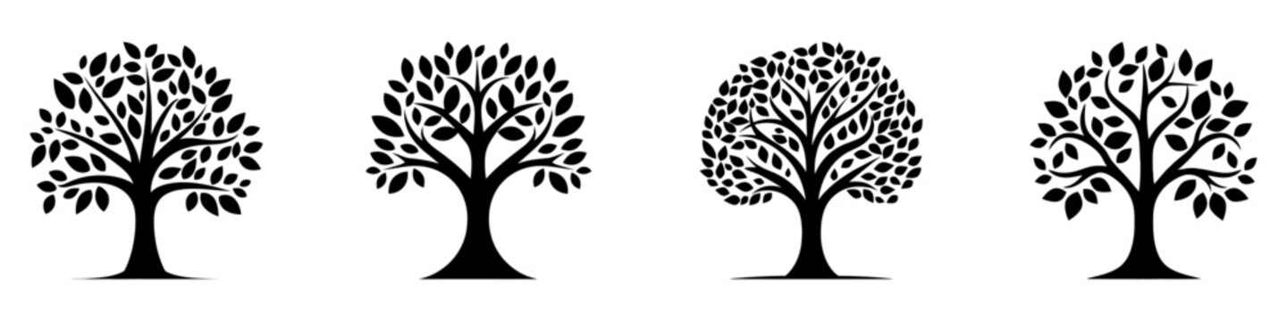 A set of four black silhouette icons of trees with lush leafy crowns. Each tree has a unique branch structure and leaf shape, symbolizing nature, life, and ecology.