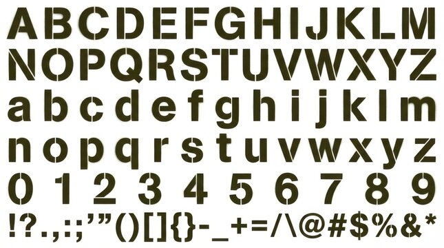 font alphabet in military stencil style from a to z numbers punctuation isolated on white background
