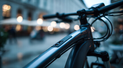 Fototapeta premium Bicycle stands on city street with blurred people and lights in the evening at a busy urban area