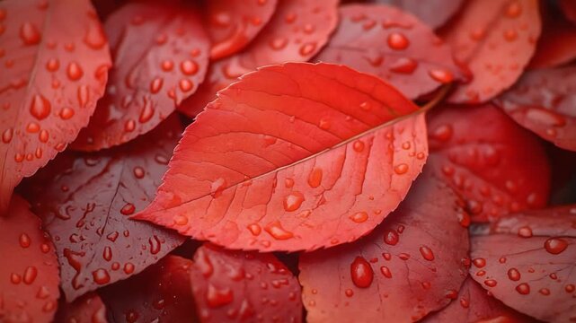 Red leaf glistening with raindrops, a vibrant macro capturing nature's beauty and tranquility after a refreshing rain shower
