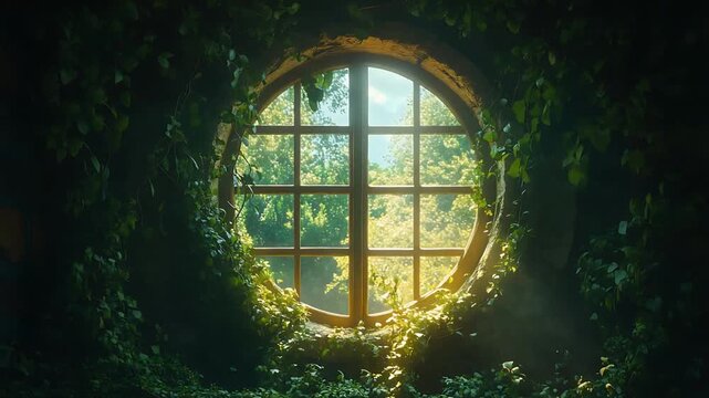 Sunlight streaming through ivy-covered round window, creating a serene and peaceful escape, perfect for nature-inspired designs and calming visuals