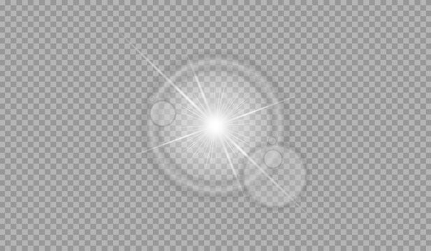 Bright white light burst lens flare effect isolated on transparent background for dramatic design