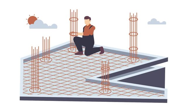 Reinforced Concrete Foundation Preparation animation, Installing Rebar for Structural Strength animated video, construction workers clip, Skilled labor footage, Civil Engineering Works motion graphics