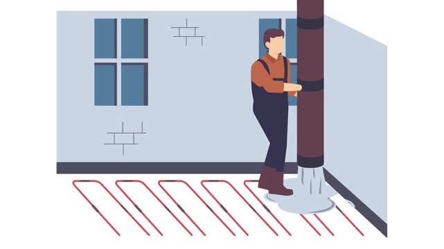 Underfloor Heating and Structural Setup in Progress animation, installing core support in interior space animated video, construction workers clip, Skilled labor footage, Civil Engineering Works motio