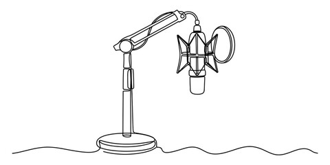 One line drawing of a professional studio microphone on a desk stand with shock mount and pop filter © Jotish_Design Store