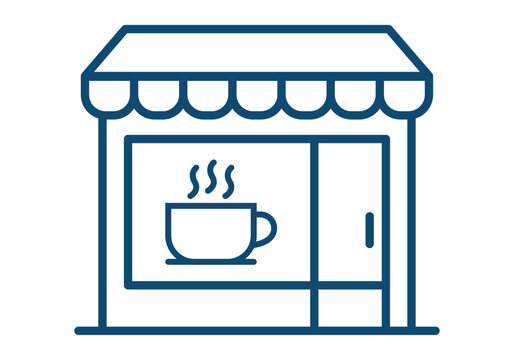 Icono de una cafeter&iacute;a con un toldo y una taza de caf&eacute; humeante en el escaparate