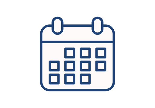 Icono de calendario con cuadr&iacute;cula en trazo lineal azul sobre fondo blanco