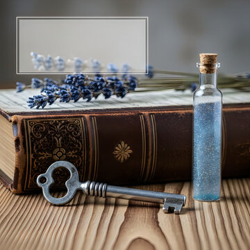An old leather-bound book with a key and a bottle of sparkling dust on a wooden table beside lavender flowers