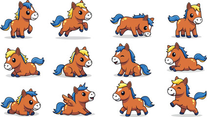 Fototapeta premium Flat vector cute brown cartoon pony character collection