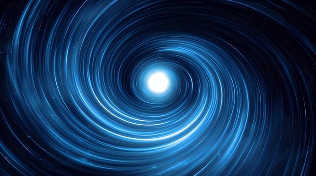 A captivating spiral of swirling blue light emanates from a bright central core, surrounded by dark space, creating a mesmerizing cosmic vortex