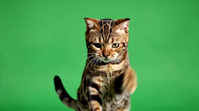 Seamless loop of a curious Bengal tabby cat rapidly batting its paw back and forth at an unseen stimulus while standing isolated on a vibrant green screen cat behavior, active, spotty coat