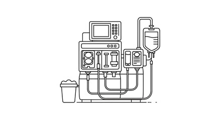 Medical Dialysis Machine with IV Bag and Waste Bin, Line Art Icon