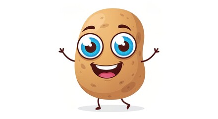 Fototapeta premium A cheerful cartoon potato character with big blue eyes, smiling joyfully against a white backdrop.