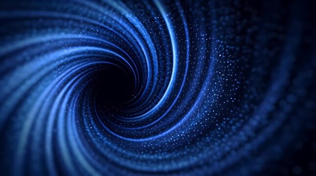 A mesmerizing abstract image of a blue vortex, swirling inwards towards a central point. Numerous tiny light particles add depth