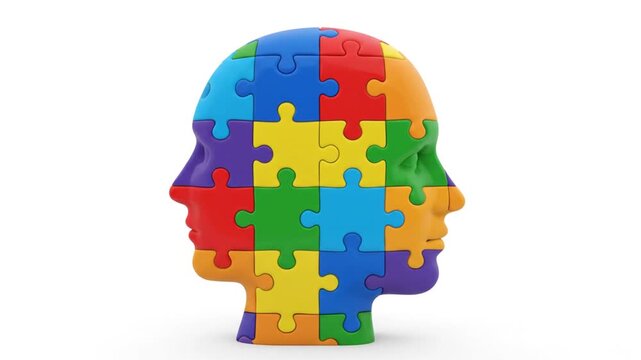 A colorful puzzle head profile, symbolizing creativity and problem-solving skills, viewed from the side, showcasing a vibrant jigsaw representation of a human head.