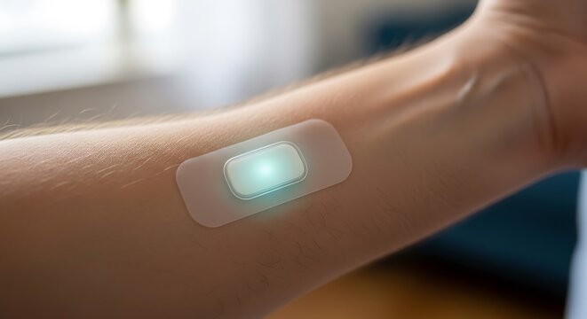 Close up view of a futuristic glowing wearable biosensor patch adhered directly to a person's forearm monitoring vital signs in a modern health concept.