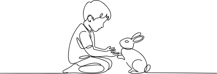 Fototapeta premium Single one line drawing the boy sitting cross legged and playing with rabbit. Train a rabbit to perform in the circus. Pets. National Kids and Pets Day. one line Icon drawing