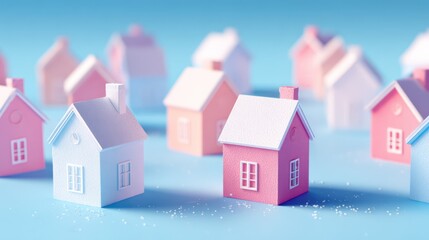 Trendy sunlight Summer pattern made with pink paper house on bright light blue background. Minimal summer concept.